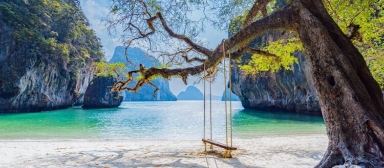 A beach with a swing hanging from a tree in Laos.