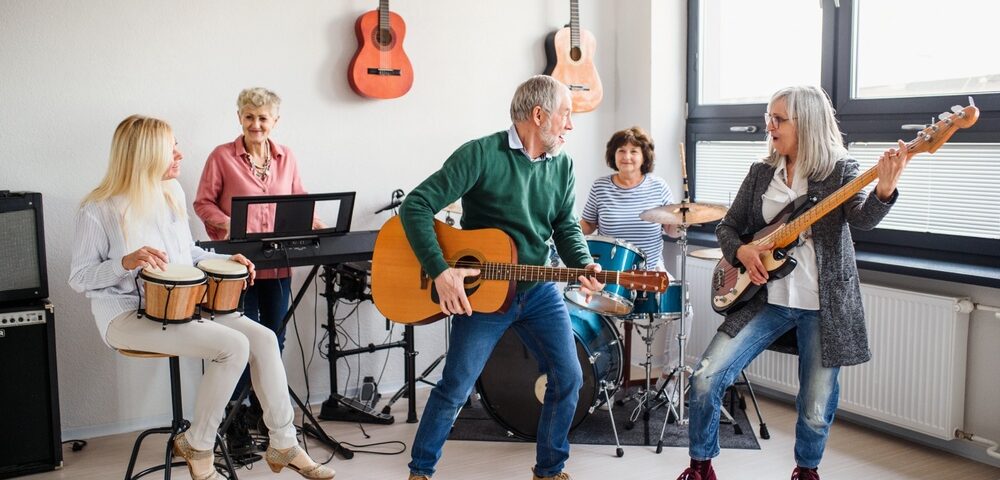 A group of people playing instruments.
