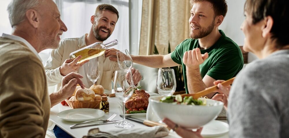 A family having dinner together.