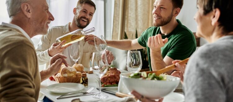 A family having dinner together.